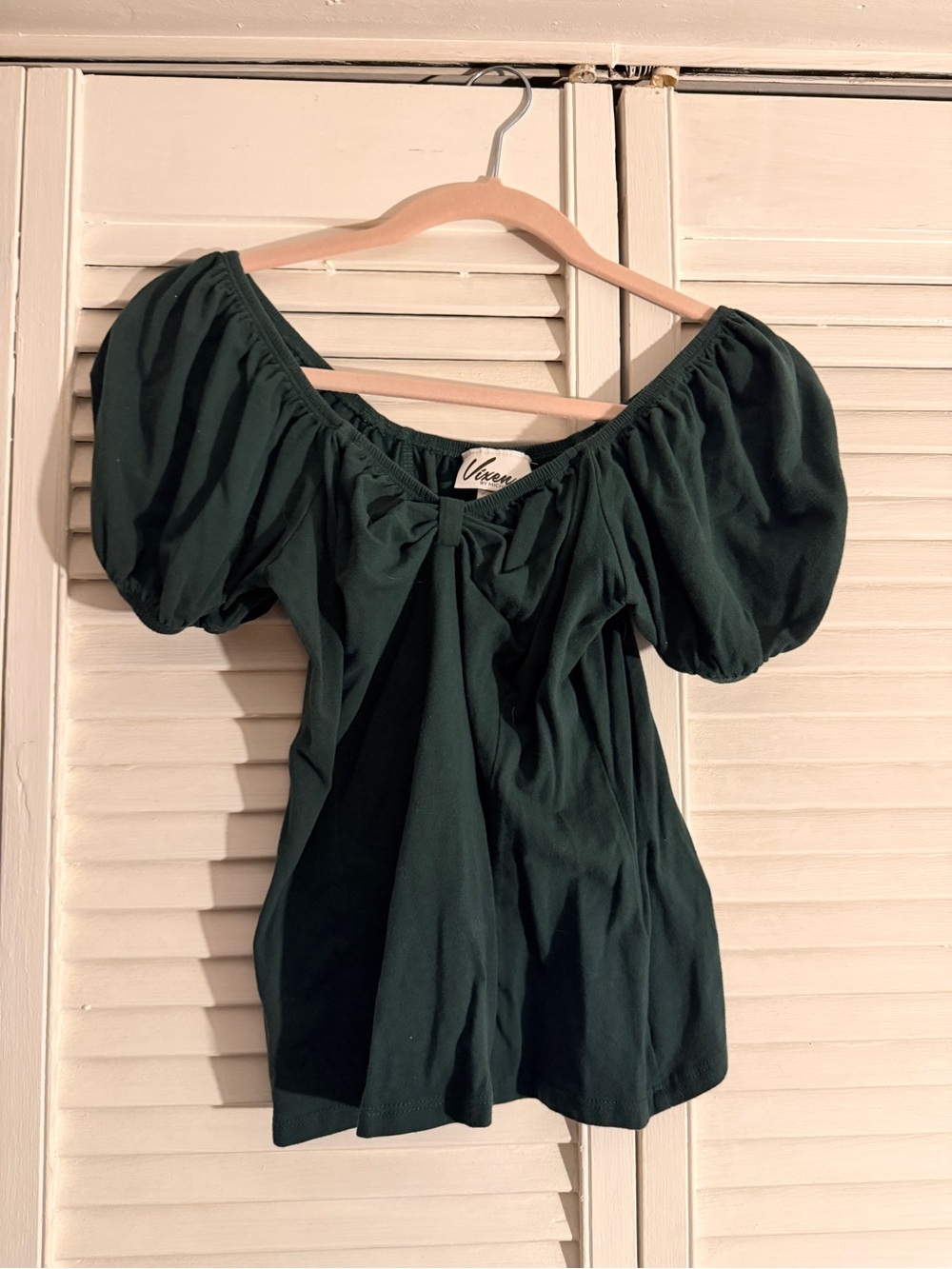 Vixen by Micheline Pitt Dark Green Puff-Sleeve Off-Shoulder Top